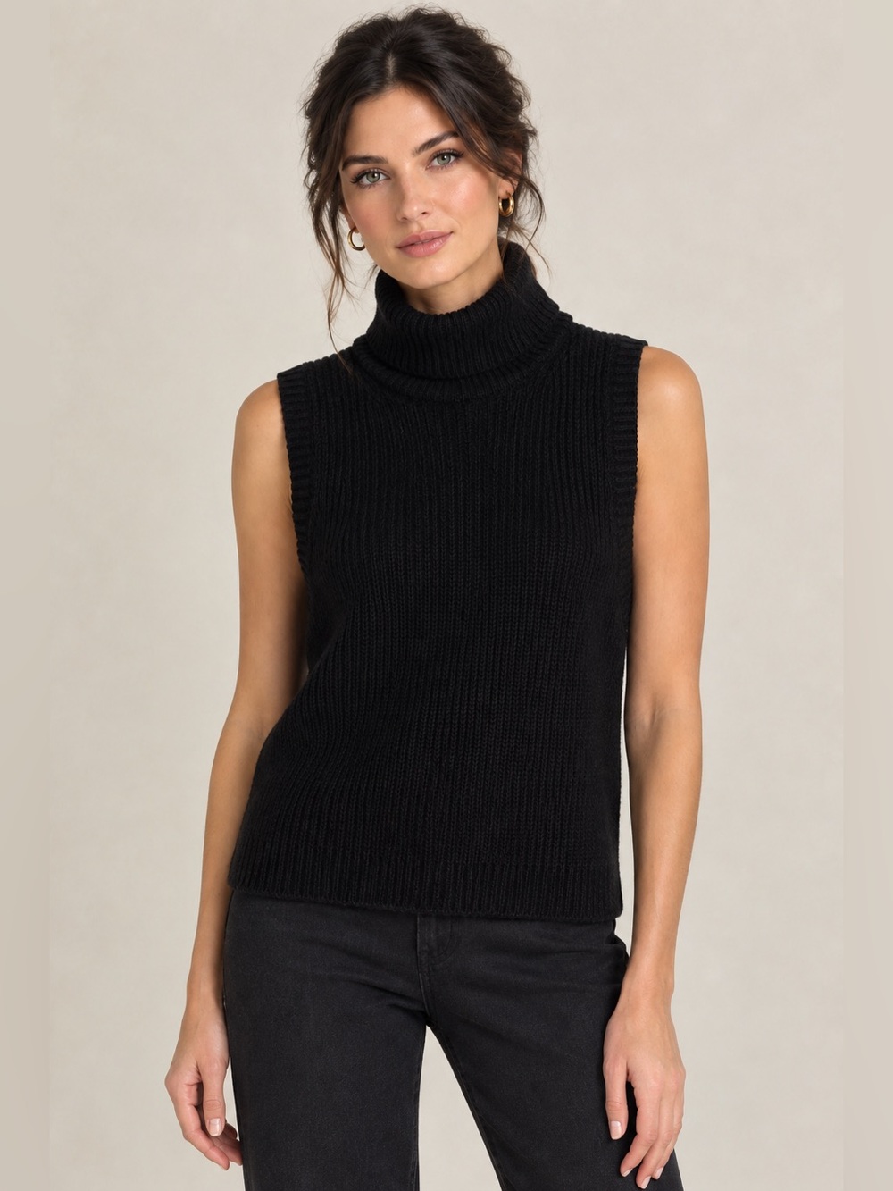 MICHAEL Michael Kors Black Ribbed Sleeveless Turtleneck Sweater Cotton Blend